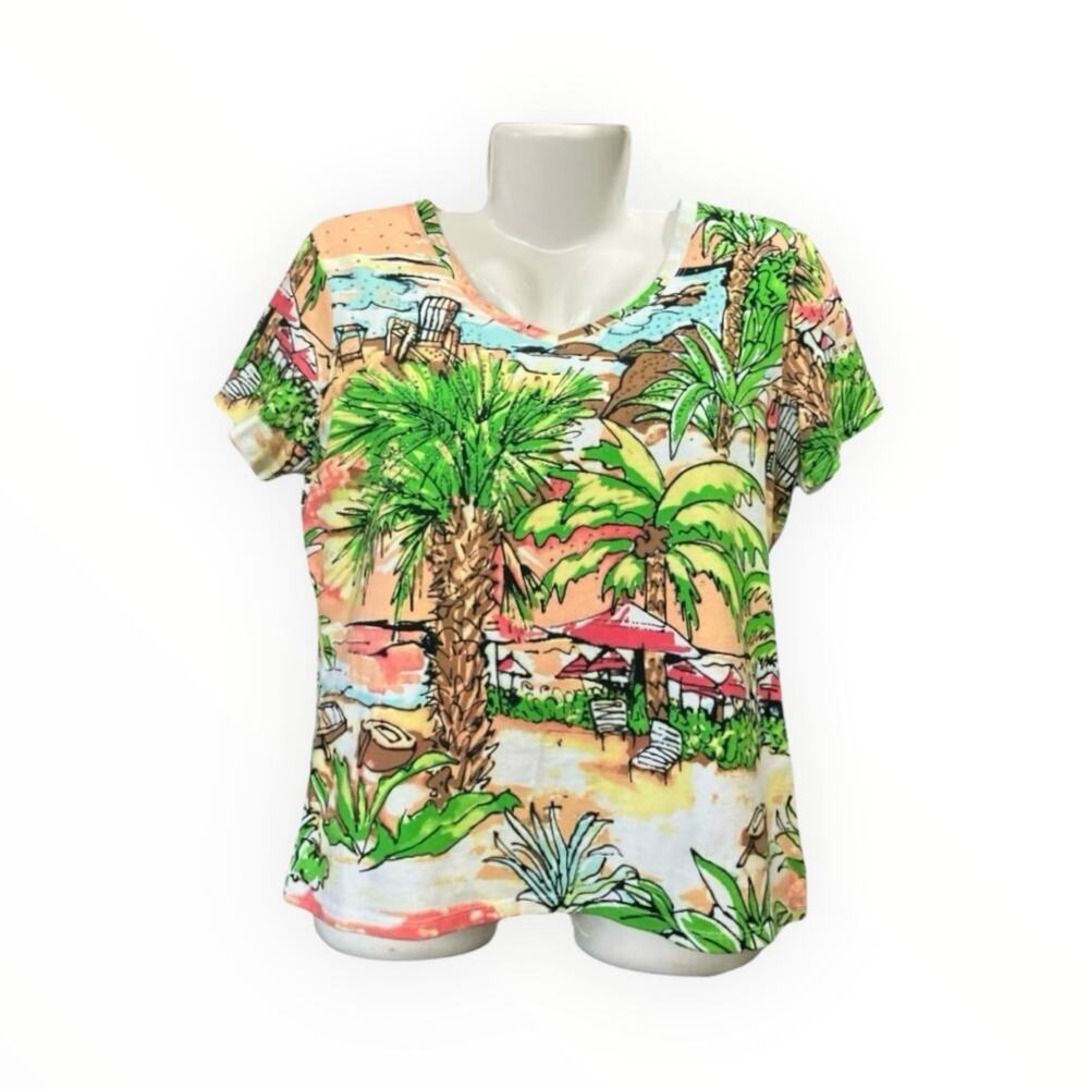 Onque Casuals Women's Colorful Island Beach Print w/ Sequins Cotton Blend Size M